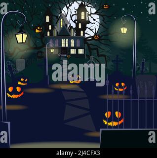 Halloween pumpkins on road and dark castle on blue Moon background with ...