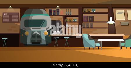 Loft cafe with unique design vector illustration. Train front view in wall with bar shelves. Comfortable chairs at coffee table. Pub interior illustra Stock Vector