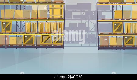 Large warehouse room with boxes on shelves vector illustration. Modern storage room with packaged goods on pallets for export. Interior illustration Stock Vector