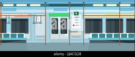Modern comfortable subway train vector illustration. Blue exterior of underground train with bars and seats. Metro concept Stock Vector
