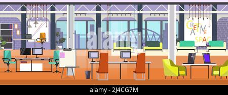 Modern office with panoramic window vector illustration. Table with computers and chairs in spacious open space. Interior illustration Stock Vector