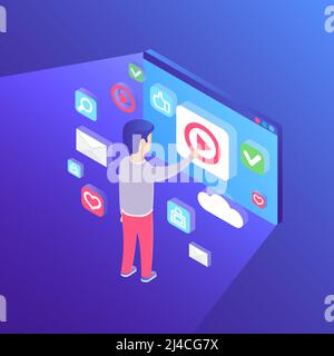 Man touching big screen isometric vector illustration. Virtual interface. Technology, cyberspace and innovation concept. Infographic with purple backg Stock Vector
