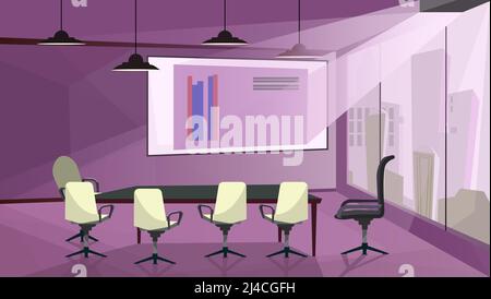 Modern business meeting room vector illustration. Projection screen with financial graphs image, chairs around table in office with panoramic window. Stock Vector