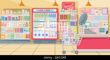 Supermarket with food shelves vector illustration. Modern shop in pink color with full shopping cart at cashier. Interior illustration Stock Vector
