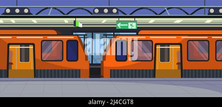 Trains at railway station vector illustration. Red trains with open doors at platform. Destination concept Stock Vector