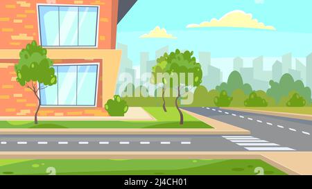 School building near road vector illustration. Green trees around brick building. City illustration Stock Vector