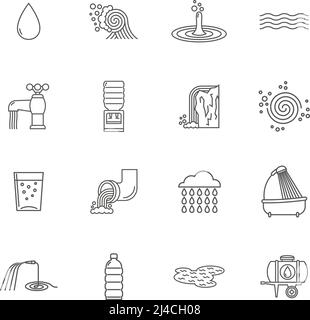 Water icons line set with faucet shower and plastic bottle isolated vector illustration Stock Vector