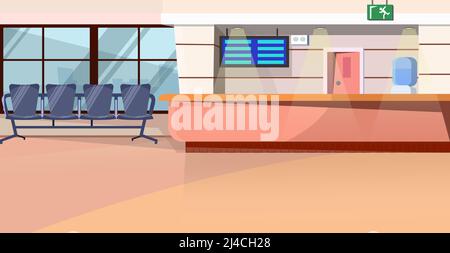 Waiting room with counter in airport vector illustration. Bright space with cooler, hanging screen and chairs in row. Airport concept Stock Vector