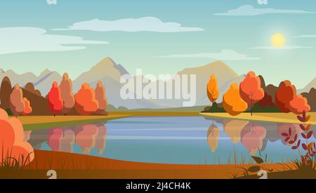 Landscape with lake, trees, sun and mountains in background. Nature, autumn concept. Flat style vector illustration. For leaflets, brochures, wallpape Stock Vector