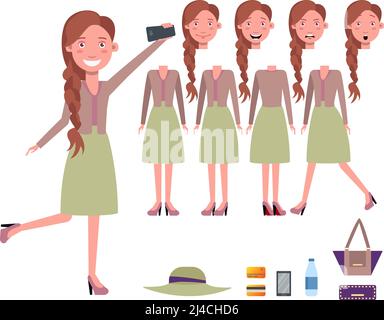 Stylish woman taking selfie character set with different poses, emotions, gestures. Parts of body, bag, water, smartphone, credit cards. Can be used f Stock Vector