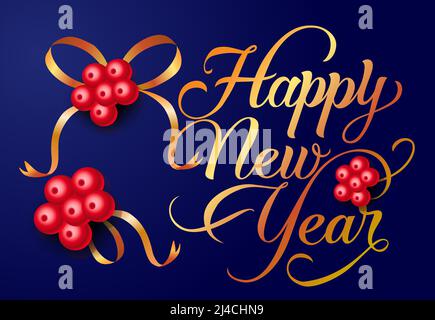Happy New Year postcard design. Xmas berries with gold bows on dark blue background. Template can be used for banners, greeting cards, posters Stock Vector