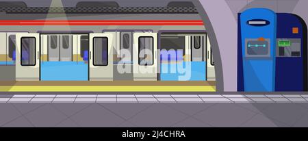 Underground stop vector illustration. Modern subway station with control booth and empty train. Metro illustration Stock Vector
