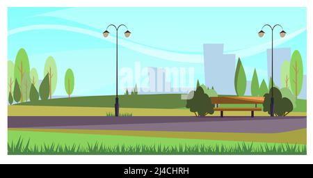 Summer city park with street lights. Beautiful recreation park with green plants. Stroll concept. Illustration can be used for topics like leisure, na Stock Vector