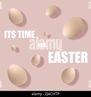 Concept on the theme of Easter 2022, a lot of eggs fly, a pattern on a pink powder background, a card, a template, a mockup. Stock Photo