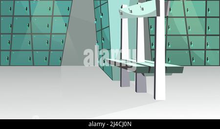 Sports locker room vector illustration. Small blue lockers and bench in health club. Changing room illustration Stock Vector