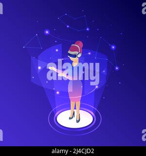 Woman wearing virtual reality glasses isometric vector illustration. Lady working with virtual reality interface. Technology, cyberspace and innovatio Stock Vector