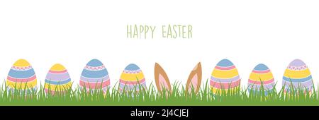 hare ears in the meadow between colorful Easter eggs Stock Vector
