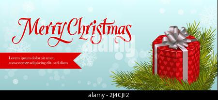 Merry Christmas banner design. Fir branch, red gift box with grey ribbon and snowflakes on light blue background. Template can be used for banners, po Stock Vector