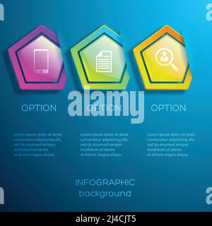 Web business infographics with icons three options and glossy colorful hexagons on blue background isolated vector illustration Stock Vector