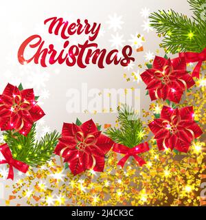 Merry Christmas lettering with shining confetti and poinsettia. Christmas greeting card. Handwritten text, calligraphy. For leaflets, brochures, invit Stock Vector