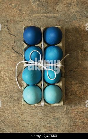 Closeup Rustic Easter Eggs Packing Blue Color Gradient Stock Photo