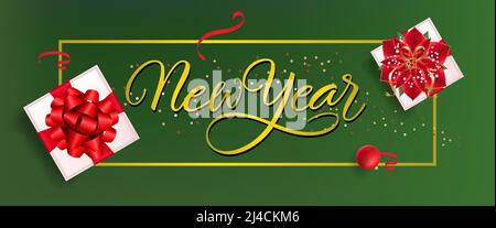 New Year banner design. Red bauble, confetti, gift boxes with ribbons and poinsettia on green background. Template can be used for flyers, sale poster Stock Vector