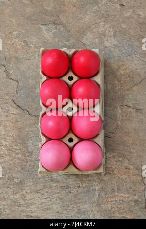 Closeup Rustic Easter Eggs Packing Red Color Gradient Stock Photo
