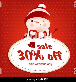 This weekend sale red poster design with winking snowman. Inscription in round white frame and winking snowman on red background with polka dots. Can Stock Vector