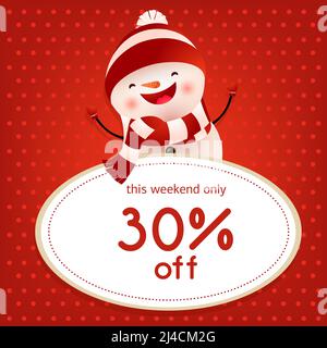 This weekend sale red poster design with dancing snowman. Inscription in round white frame and dancing snowman on red background with polka dots. Can Stock Vector