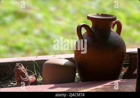 Beautiful handmade Indian Vintage Earthenware Clay Pots and toys. Stock Photo