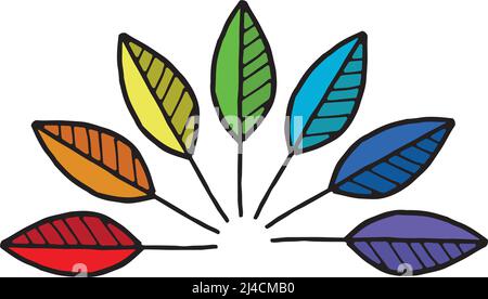 Rainbow leaves arranged in a fan shape on white Stock Vector