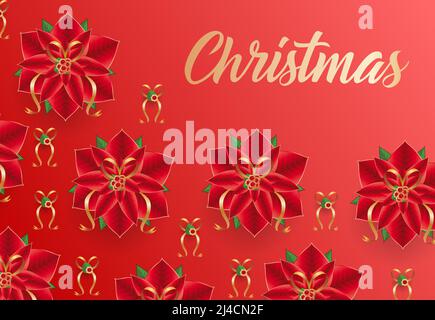 Christmas lettering on red background with poinsettia flowers pattern. Christmas design template. Handwritten text, calligraphy. For greeting cards, l Stock Vector