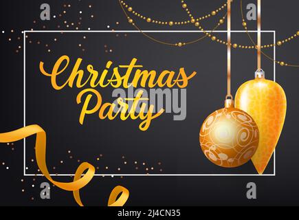 Christmas Party poster design. Gold baubles, chains, streamer, confetti and frame on black background. Template can be used for banners, flyers, invit Stock Vector