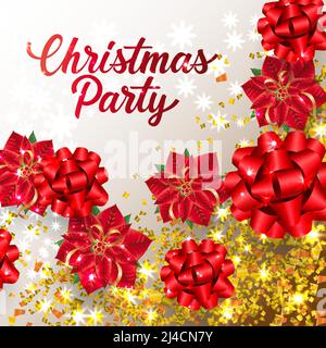Christmas Party lettering with ribbon bows and confetti. Christmas invitation. Handwritten text, calligraphy. For leaflets, brochures, invitations, po Stock Vector