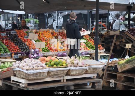 Copenhagen/Denmark/.14 April 2022/.Out door  fruit and vegetables hopper find higher food prices in Denmark and at fruit and vegetable vendor in danish capital. (Photo..Francis Dean/Dean Pictures) Stock Photo