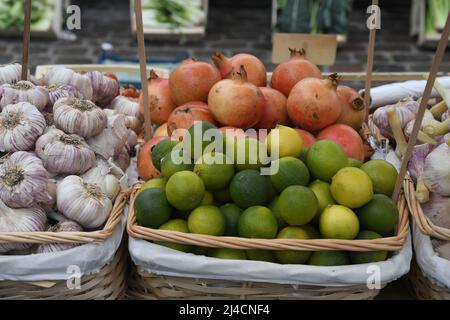 Copenhagen/Denmark/.14 April 2022/.Out door  fruit and vegetables hopper find higher food prices in Denmark and at fruit and vegetable vendor in danish capital. (Photo..Francis Dean/Dean Pictures) Stock Photo