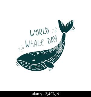 Vector illustration of a whale with hand drawn lettering - World whale day. Stock Vector