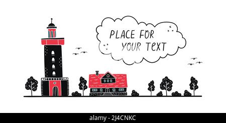 Vector illustration of the lighthouse and the lighthouse keeper's house. Space for text. Stock Vector