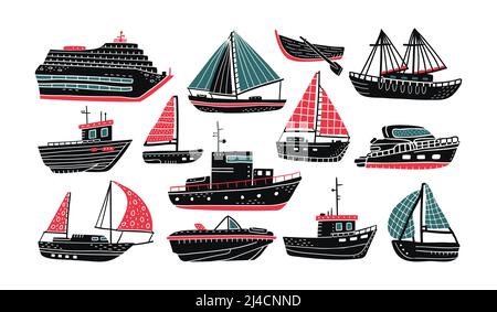 A set of vector illustrations of sailing boats and boats with engines. Stock Vector