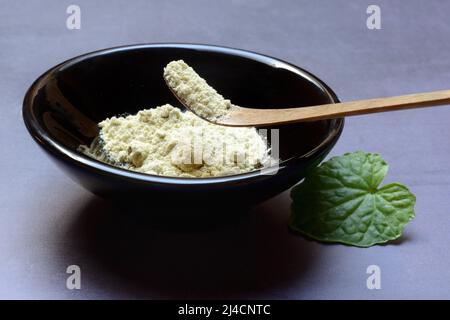 Wasabi (Wasabia japonica) with spatula in bowl, wasabi leaf, wasabi Stock Photo