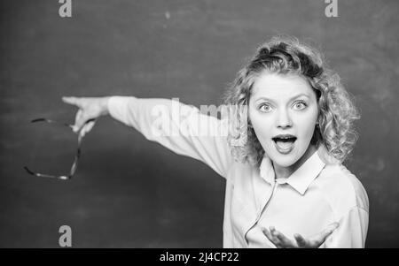 School rules. School principal stressful outraged expression. Educational system concept. School lesson knowledge. Remember this. Strict woman teacher Stock Photo