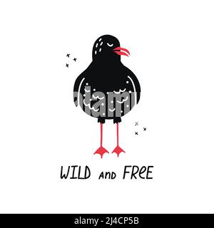 Vector illustration of a seagull with hand drawn lettering - wild and free. Stock Vector
