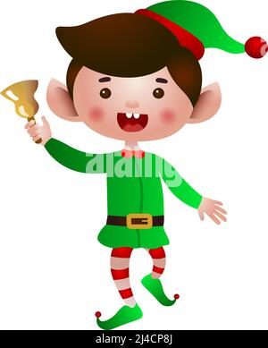 Excited elf jumping and ringing bell vector illustration. Christmas Eve, fantasy, fairytale. Holiday concept. Can be used for greeting cards, invitati Stock Vector