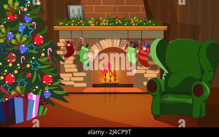 Decorated Christmas interior with fir-tree, fireplace and socks. Room with decorated fir-tree and gifts vector illustration. Christmas Eve concept. Fo Stock Vector