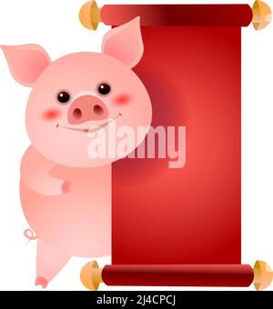 Happy pig standing at blank red paper vector illustration. Message, announcement, Chinese New Year. Holiday concept. Can be used for greeting cards, i Stock Vector