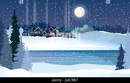 Country scene with cottages and fir-trees vector illustration. Winter ...