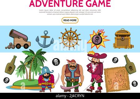 Cartoon adventure game elements set with pirates cannon anchor bomb treasure chest map bottles island steering wheel skull crossbones isolated vector Stock Vector