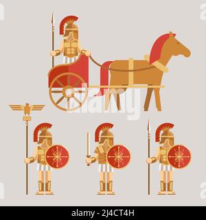 Ancient wariors icons set. Warrior on chariot with spear and warrior with sword and shield. Vector illustration Stock Vector