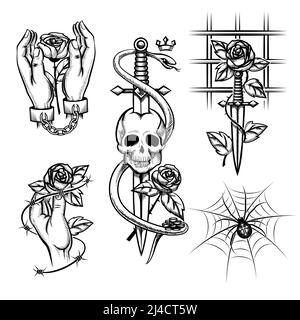 Criminal tattoo. Rose in the hands of a knife behind bars, spider and skull. Handcuffed and cage, wire and metal chain. Vector illustration Stock Vector