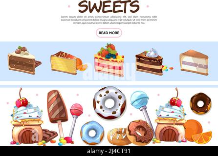 Cartoon sweet products collection with ice cream donuts lollipops chocolate bars candies and cakes with different ingredients isolated vector illustra Stock Vector